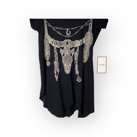 Rare: new Lauren Moshi ✌︎︎ Wanderlust Feather Steer Skull Tee Shirt ✌︎︎ Raw Cut - Picture 3 of 16